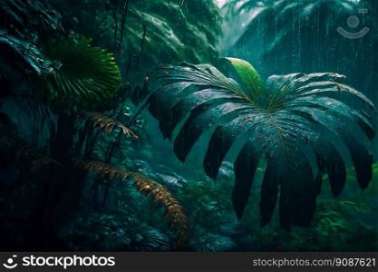 Tropical Rainforest Landscape background. Tropical jungle palms. Generative AI  