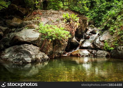 Tropical rainforest landscape with beautiful lake, small waterfall, rocks and jungle plants. Vang Vieng, Laos