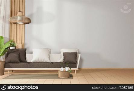 tropical room interior with sofa and plants decoration on wooden floor.3D rendering