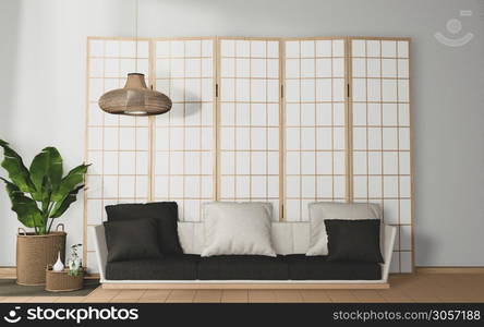 tropical room interior with sofa and plants decoration on wooden floor.3D rendering