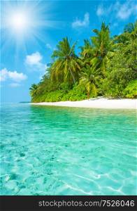 Tropical sand beach with palm trees and perfect blue sky. Paradise island landscape