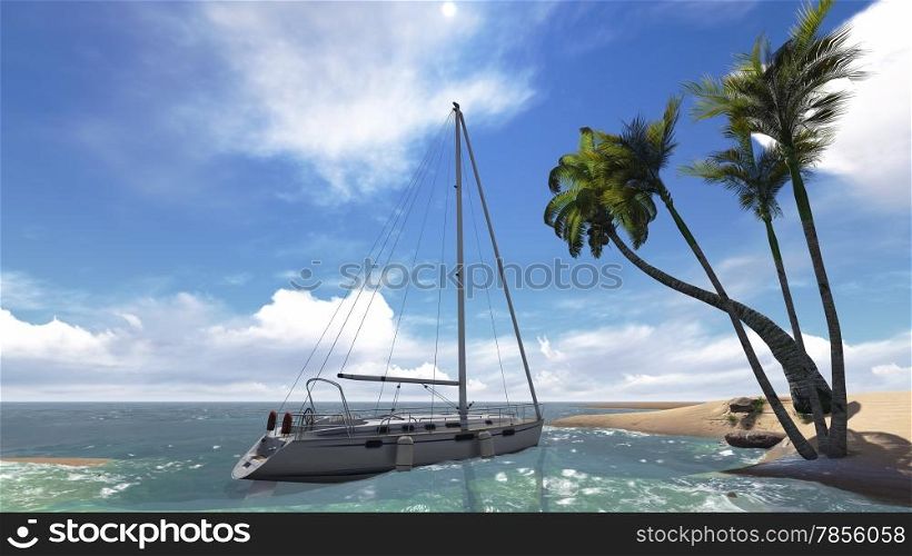 tropical scenery with yacht made in 3d software