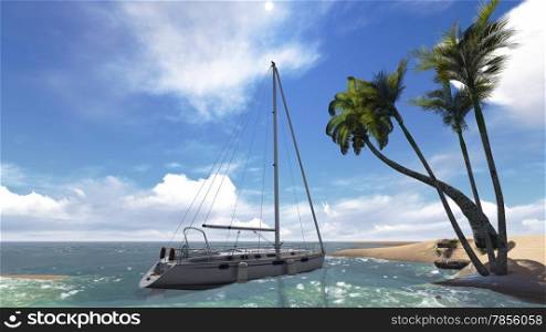 tropical scenery with yacht made in 3d software