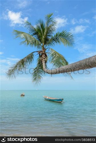 Tropical sea beach with coconut palm tree and long-tail boat in Thailand