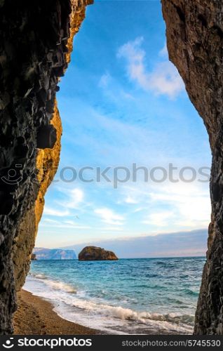 Tropical sea, rocks on the beach and blue sky with beautiful clouds