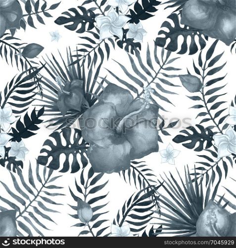 Tropical seamless pattern.. Tropical seamless pattern. Flowers and palm leaves. Hand drawn, hand painted watercolor illustration. White background