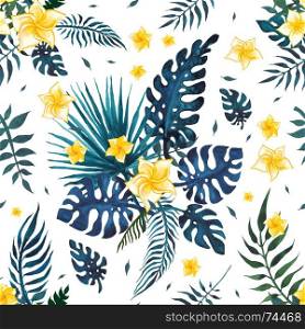 Tropical seamless pattern.. Tropical seamless pattern. Flowers and palm leaves. Hand drawn, hand painted watercolor illustration. White background