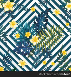 Tropical seamless pattern.. Tropical seamless pattern. Flowers and palm leaves. Hand drawn, hand painted watercolor illustration. White background