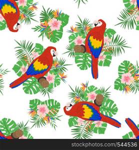 Tropical seamless pattern with exotic leaves, flowers and parrots. Design element for fabric, textile, wallpaper, scrapbooking or others. Vector illustration.. Seamless pattern with tropical leaves, flowers and parrots.