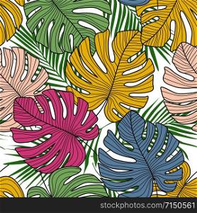 Tropical seamless pattern with exotic monstera leaves on white background. Abstract leaf wallpaper. Botanical design for fabric, textile print, wrapping paper, textile. Vector illustration. Tropical seamless pattern with exotic monstera leaves on white background.