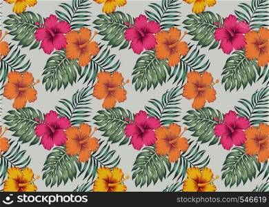 Tropical seamless pattern with multicolor orange pink yellow flowers hibiscus green palm monstera leaves gray background