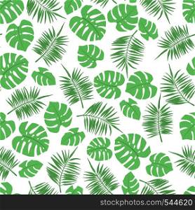 Tropical seamless pattern with palm and monstera leaves. Design element for fabric, textile, wallpaper, scrapbooking or others. Vector illustration.. Tropical seamless pattern with palm and monstera leaves.