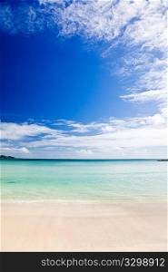 Tropical seascape: horizon over an turquoise sea, blue sky and white clouds, vertical frame