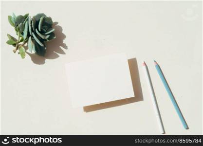 tropical stationery mock-up scene. Blank business card and glass of clear water on beige textured table background.. summer stationery mock-up scene.