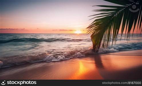 Tropical summer seascape with palm leaves, beach and paradise ocean on sunset. Generative AI.. Tropical summer seascape with palm leaves, beach and paradise ocean on sunset. Generative AI