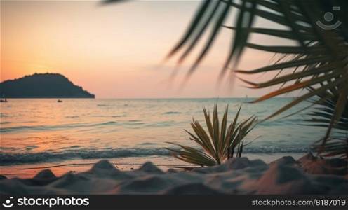 Tropical summer seascape with palm leaves, beach and paradise ocean on sunset. Generative AI.. Tropical summer seascape with palm leaves, beach and paradise ocean on sunset. Generative AI