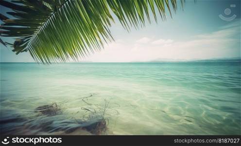 Tropical summer seascape with palm leaves, beach and paradise ocean. Vacation and travel backdrop. Generative AI.. Tropical summer seascape with palm leaves, beach and paradise ocean. Vacation and travel backdrop. Generative AI