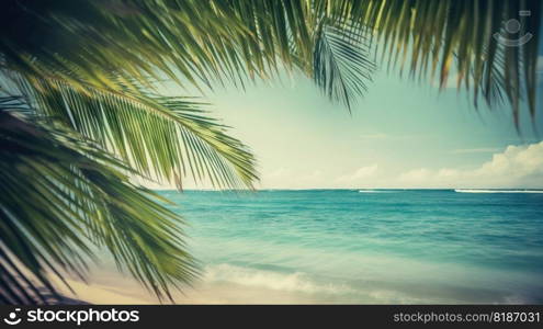 Tropical summer seascape with palm leaves, beach and paradise ocean. Vacation and travel backdrop. Generative AI.. Tropical summer seascape with palm leaves, beach and paradise ocean. Vacation and travel backdrop. Generative AI