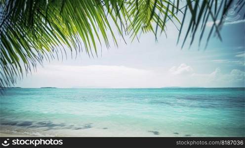 Tropical summer seascape with palm leaves, beach and paradise ocean. Vacation and travel backdrop. Generative AI.. Tropical summer seascape with palm leaves, beach and paradise ocean. Vacation and travel backdrop. Generative AI