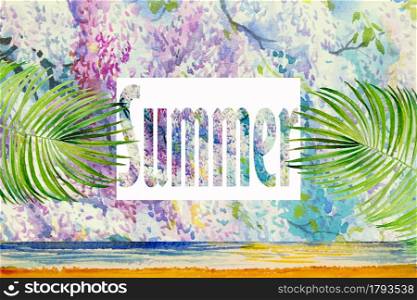 Tropical summer text. Watercolor paintings hand drawn pink purple color of Wisteria flowers and palm leaf with concept business postcard, banners, advertising painting illustration flower background.