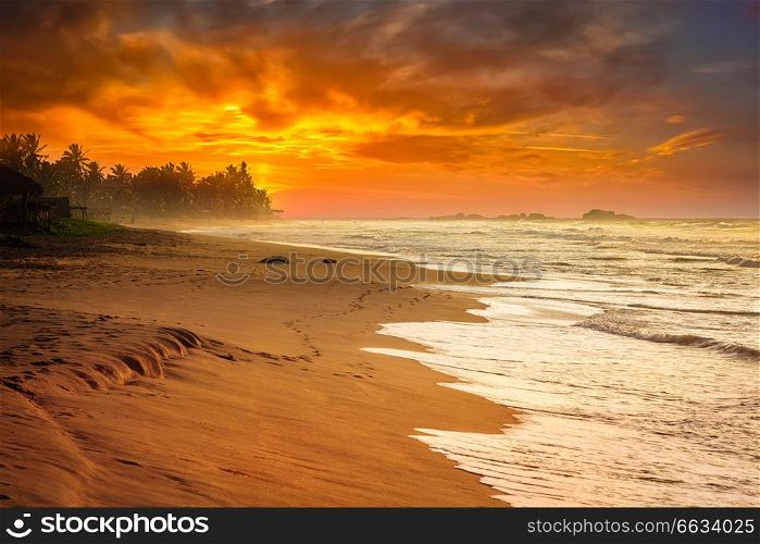 Tropical sunset on ocean beach. Sri Lanka. Ocean sunset at sea beach