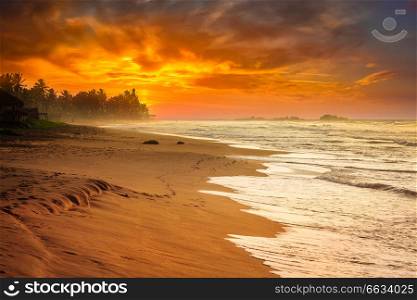 Tropical sunset on ocean beach. Sri Lanka. Ocean sunset at sea beach