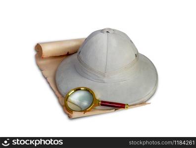 Tropical traveler&rsquo;s cork helmet lying on an old scroll or map next to a magnifying glass isolated on white background. tropical traveler hat