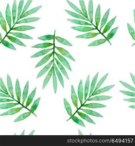 Tropical watercolor seamless pattern with green palm leaves on a white background. Watercolor seamless pattern with leaves