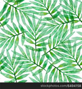 Tropical watercolor seamless pattern with green palm leaves on a white background. Tropical watercolor seamless pattern