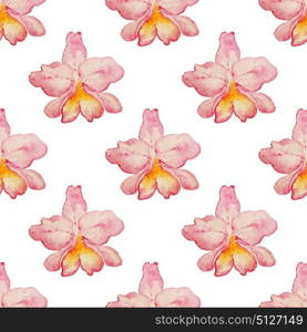 Tropical watercolor seamless pattern with pink orchids on a white background