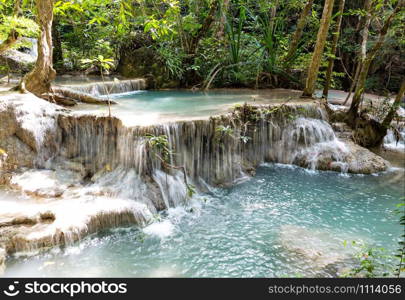 Tropical waterfall. Erawan Kanchanaburi in Thailand place