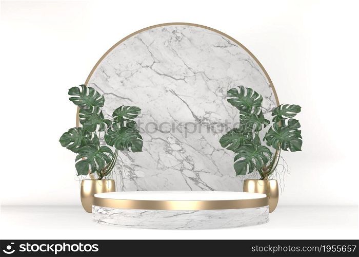 Tropical white Podium geometric and plants decoration on white background .3D rendering