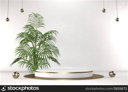 Tropical white Podium geometric and plants decoration on white background .3D rendering