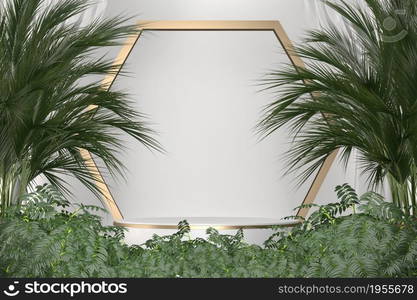 Tropical white Podium geometric and plants decoration on white background .3D rendering