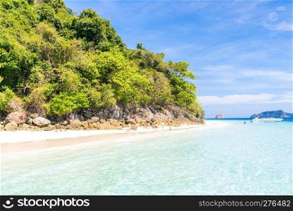 Tropical white sand beach at snoekel point from speed boat at andaman sea indian ocean Myanmar and Thailand.