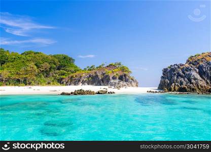 Tropical white sand beach. Tropical white sand beach at snoekel point from speed boat at andaman sea indian ocean Myanmar and Thailand.