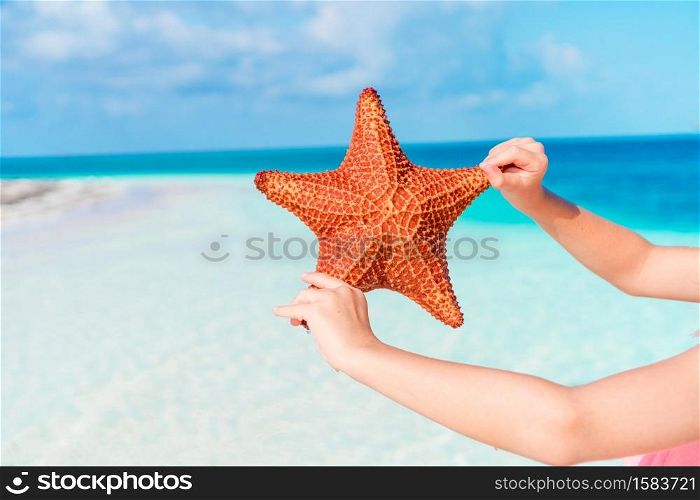 Tropical white sand with red starfish in hands background the sea. Tropical beach with a beautiful red starfish