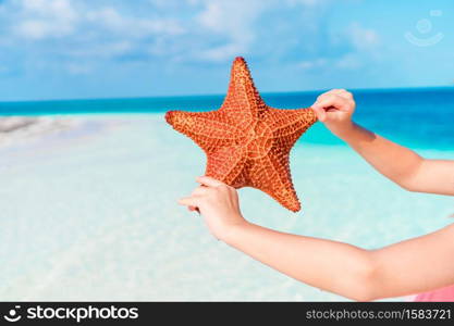 Tropical white sand with red starfish in hands background the sea. Tropical beach with a beautiful red starfish