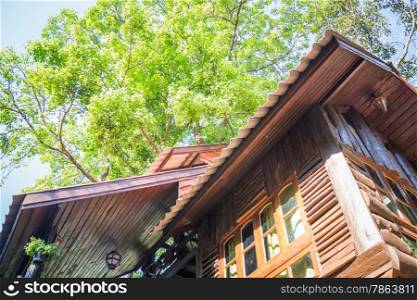 Tropical wooden tree house in resort, stock photo