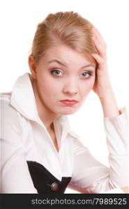 Troubles in business work. Pensive thoughtful young woman. Overworked businesswoman isolated on white.
