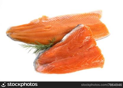 trout and salmon fillet in front of white background