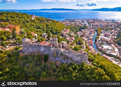 Trsat and Rijeka aerial panoramic view, historic old town in Kvarner bay of Croatia