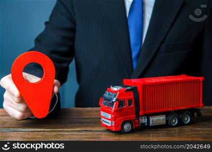 Truck and businessman with red location pin. Transport service infrastructure, business service. Logistics. Transportation company. Package tracking. Express delivery, shipping