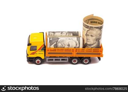 truck caries a roll of US currency isolated on white background