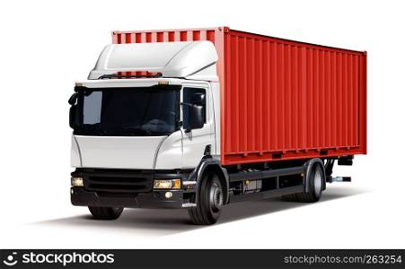 truck delivers freight in the form of container, isolated on white
