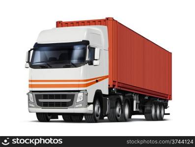 truck delivers freight in the form of container, isolated with path