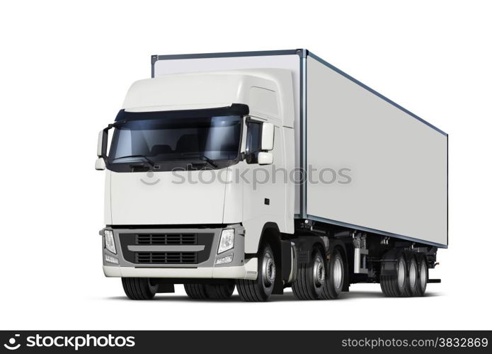 truck delivers freight in the form of container, isolated with path