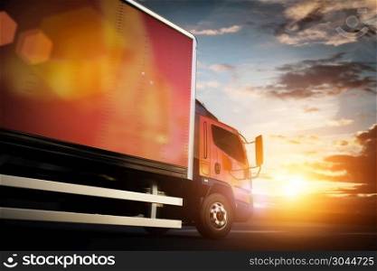 Truck speeding on the highway, side view. Transportation, shipping industry concept. 3D illustration.. Truck speeding on the highway. Transportation