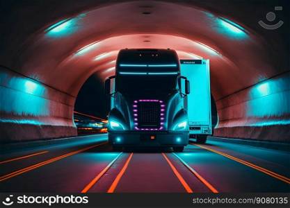 truck trailer driving at the neon tunnel. Neural network AI generated art. truck trailer driving at the neon tunnel. Neural network generated art
