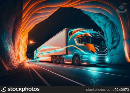 truck trailer driving at the neon tunnel. Neural network AI generated art. truck trailer driving at the neon tunnel. Neural network generated art